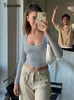 Kvinnors T -skjortor Tawnie Casual Grey U Neck Long Sleeve Solid Women Crop Top 2024 Autumn Summer Sexig Slim Tank Basic Fashion Street