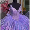 Lilac Sequined Appliques Lace Bow Ball Gown Quinceanera Dress Spaghetti Strap 3D Flowers Corset Vestidos de 15 Anos