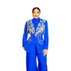 Женские брючные костюмы с синими аппликациями, комплект из 2 предметов на заказ, блейзер для матери невесты с хрустальными бусинами, куртка для гостей, свободные брюки