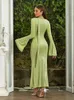 Abiti casual Elegante sirena a maniche lunghe svasata verde chiaro Maxi per le donne Abito da festa sexy aderente con lacci e allacciatura quadrata