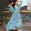 Mulheres Swimwear Kaftan Vestido Mulheres Coreano Nadar Cobrir para Impressão Verão Lanterna Solta Manga Longa Flor Pescoço Linha Floral Poliéster