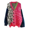 Han Guodong Door Collections Couture Fashion Leopard Splicing Flower Color V-Neck stickad Cardigan 211103