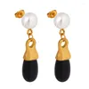 Dangle Earrings 18K Gold Plated Stainless Steel Black Glass Stone Geometric Drop Pearl Stud Earring For Women Tarnish Free Danity