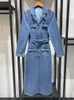 Robes décontractées Femmes Bleu Denim Midi Robe Crantée Ceintures À Manches Longues Mode 2024 Printemps Femme Robe