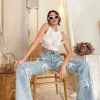 Jeans 2023 New Women Stylish High Waist Ostrich Feathers Jeans Denim Pants Feather Straight Stretch Trousers with Gem Streetwear S3476