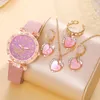 Montres-bracelets 4pcs / Set Rose Montre Ensembles Femmes Quartz Collier En Cuir Boucles D'oreilles Anneaux Élégant Casual Montre-Bracelet Relogio Feminino Horloge