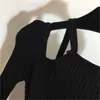 Milan Runway Dress 2024 Sexy Black Bodycon Women Dress Designer Metal Spaghetti Straps Knitting Hollow Out Party Dresses 22603