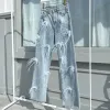 Jeans 2023 New Women Stylish High Waist Ostrich Feathers Jeans Denim Pants Feather Straight Stretch Trousers with Gem Streetwear S3476