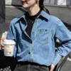 Chemisiers femme Vintage Denim chemise Unique col rabattu manches longues automne bleu chemises ample droite fille Blouse hauts