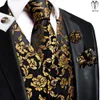 Hi-Tie Luxury Silk Mens Vests Black Gold Floral Jacquard Waistcoat Tie Hanky ​​Cufflinks Brooch Set for Men Pass Wedding Office XL 240219