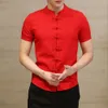 Vintage Heren Zomershirt Stand Kraag Korte Mouw Top Effen Kleur Slim Fit Knoop Knoppen Chinese Traditionele 240219