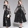 Women Runway Dress Feathers and embroidery Spring Party Holiday Midi Vestidos Scarf Collar Long Sleeve Sliming Lady