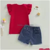 Kleidungssets 4. JY Kinder Mädchen Outfits Brief Sterne Streifen Flagge Drucken Ärmel T-Shirts Ausgefranste Ripped Denim Shorts 2 Stück Kleidung Dr Dh9Ch