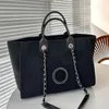 Women Pearl Embroidery Canvas Linen Beach Tote Bag France Luxury Brand Designer Denim Shopping Handbag Lady Chain Strap Large Capacity Vacation Shoulder Bags