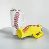 Weiß-gelber Baseball-Aufdruck, Strass-Bling-Vollverpackungsnieten, 40-Unzen-vakuumisolierter Edelstahl-Kaffeebecher mit Griffdeckel und Strohhalm