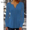 Women's T Shirts Wedifor Fashion Lace Patchwork Women Long Sleeve V Neck Button Casual T-Shirt Elegant Ruched Solid Clothes Tops