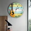 Wandklokken Houten Plank Gitaar Decoratieve Ronde Klok Arabische Cijfers Ontwerp Niet Tikkende Groot Voor Slaapkamers Badkamer