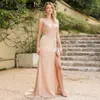 Pearl Pink Split sjöjungfru aftonklänningar 2024 Nya rena juvelhalsapplikationer Backless Long Prom Dress CPS3037