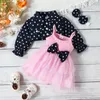 Mädchen Kleider 2024 Design Kinder Für Mädchen Kleidung Kinder Kleidung Hosenträger Mesh Bogen Kleid Mit Polka Dot Revers Mantel 3-6M