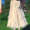 Festklänningar lolita fairy klänning sommar japanska söta flickor netto garn båge spets fjäder lotus löv krage långärmad prinsessa