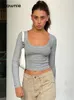 Kvinnors T -skjortor Tawnie Casual Grey U Neck Long Sleeve Solid Women Crop Top 2024 Autumn Summer Sexig Slim Tank Basic Fashion Street