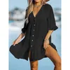 Ruffled Solid Cover Up Women Dress Color Lightweight Long Sleeve Bikini Shirt Summer Breathable Mini Beachwear 240219