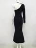 Casual Dresses Women 2024 Sexig enkel ärm Crystal Black Mid-Calf Bodycon Bandage Dress Elegant Evening Sticked Fishtail Party