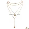 Colares de pingentes Novo colar de pingente de estrela de shinestone lua para mulheres bohemia mtilayer Gold Chain Long Party Fashion Dhgarden dhmqe