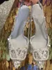 Sandals 2024 Summer V-Shaped Button Pointed Rhinestone Sequins Single Shoe Slim Heels French Large Baotou High