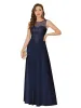 Ivory Stocks Dark Navy Bury Bridesmaid Robes Appliques de cou transparentes en mousseline de serre en mousseline de chambre d'honneur une ligne Robe de bal de promo invité de mariage CPS3036