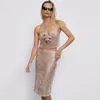 Casual Dresses Spaghetti Strap Two Piece Set Champagne Midi Skirt Sexy See Through Sequins Woman Clothes Ruffled Blouses Sparkly Cocktail
