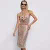 Casual Jurken Spaghetti Tweedelige Set Champagne Midi Rok Sexy Doorzichtige Pailletten Dameskleding Ruches Blouses Glinsterende Cocktail