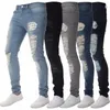 Calça de jeans masculino calça lápis jeans de jeans high slim fit bainha orifícios de cor sólida