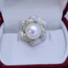 Klusterringar färskt vatten 12-13mm vit perfekt cirkel stark ljus fin mikro brister pärla ring s925 silver blomma full inlaid