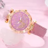 Wristwatches 4pcs/set Pink Watch Sets Women Quartz Leather Necklace Earrings Rings Elegant Casual WristWatch Relogio Feminino Clock