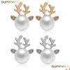 Stud High Quality Reindeer Pearl Christmas Earrings For Kids Women Rhinestone Inlay Lovely Stud Jewelry Gift Drop Delivery J Dhgarden Dh195