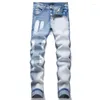 Jeans da uomo blu bianco da strada colore coordinato abbigliamento in denim stile punk elasticizzato a vita media