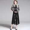 Women Runway Dress Feathers and embroidery Spring Party Holiday Midi Vestidos Scarf Collar Long Sleeve Sliming Lady