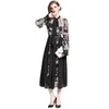 Women Runway Dress Feathers and embroidery Spring Party Holiday Midi Vestidos Scarf Collar Long Sleeve Sliming Lady