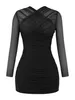 Casual Dresses Women Ruched Bodycon Dress Mesh Chic Classic Long Sleeve Wrap Front Solid Color Black Sex Slim Fit Elegant Mini Clubwear