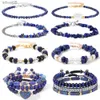 Bärade lapis lazuli pärlstav armband blå natursten charm armband justerbar medling läkande armband smycken gåvor för kvinnor män yq240226