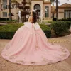 Розовые платья Quinceanera с 3D цветами и бантом, бальное платье с открытыми плечами, кружевные аппликации, милые 15 Vestidos De XV Anos