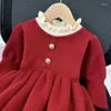 Flicka klänningar 2024 baby flickor röda tröjor klänning vinter varma år jul stickade mode barn barn vestidos kläder