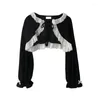 Blouses Femmes Femmes Dentelle Patchwork Chemises Blouse Style Coréen Harajuku Élégant Mode Vintage Y2k Noir À Manches Longues Top Vêtements 2024