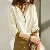 Women's Blouses 2024 Spring Ins OL Loose Temperament Chiffon Shirt V-neck Patchwork Tops Outerwear French Style Long Sleeve