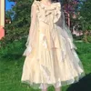 Festklänningar lolita fairy klänning sommar japanska söta flickor netto garn båge spets fjäder lotus löv krage långärmad prinsessa