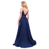 2024 Sexy Dark Navy Backless Prom Evening Dresess A Line Deep V Neck Appliques Beads Long Party Occasion Gowns Prom Wears Bridesmaids Dress CPS3041