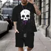 Herrspårar Vintage Skull Print 2st 3D Set Men T-shirt Shorts Set o-hals Streetwear Fashion Sweatshirt Casual Two Piece