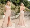 Pearl Pink Split Mermaid Evening Dresses New Sheer Jewel Neck Appliques Backless Long Prom Dress Cps3037