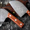 Coltelli da cucina Forgiatura Coltello da chef serbo Coltello da cucina in acciaio rivestito ad alto tenore di carbonio con linguetta piena Mannaia da macellaio ultra affilata Picchiettio laser Damasco Q240226